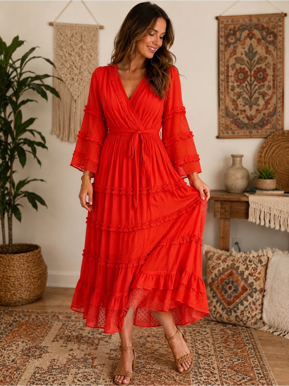 ALEXIS Target Coral Orange Ruffle Sleeve Faux Wrap Midi Dress XS Boho Romantic